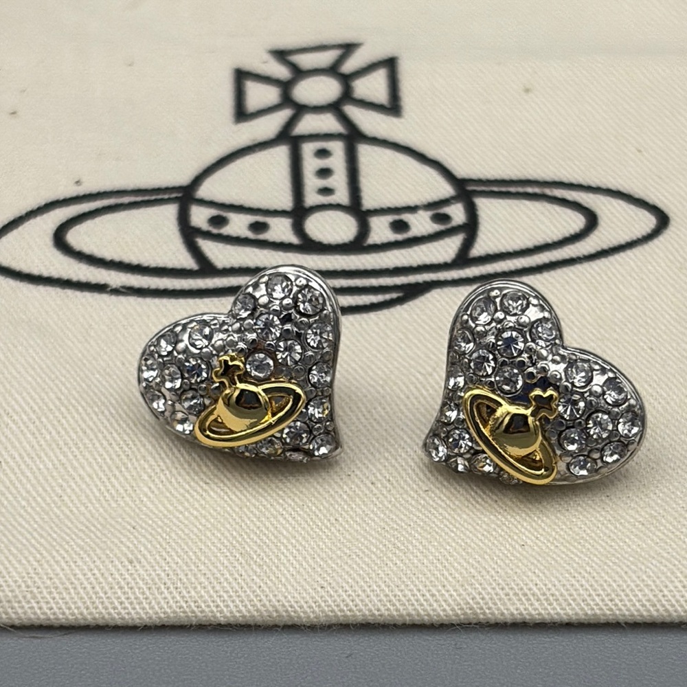 Vivienne Westwood Silver Crystal Heart Earrings with Gold Orb Accent